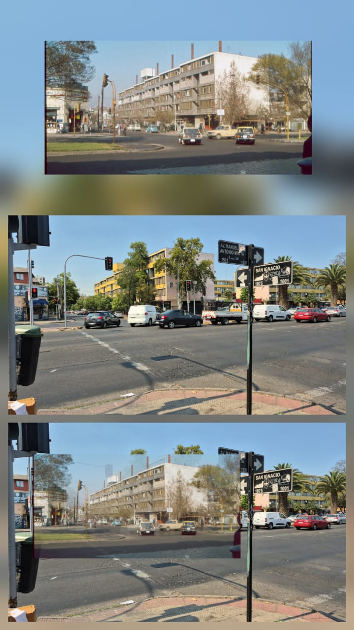 Figura 1a: Foto original de 1979. Figura 1b Foto actualizada obtenida con la app. Figura 1c: Montaje obtenido con la app