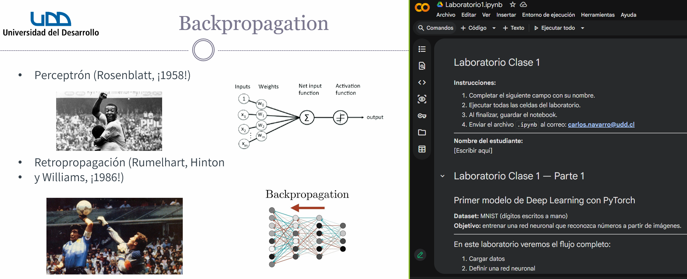 Figura 1: Diapositiva de la clase sobre backpropagation junto al inicio del laboratorio en PyTorch.
