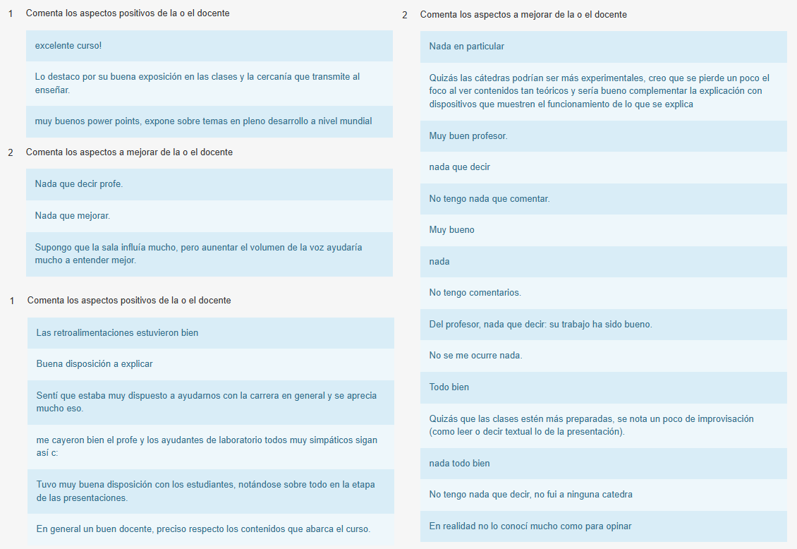 Recopilación de comentarios positivos y a mejorar de la ultima encuesta docente.